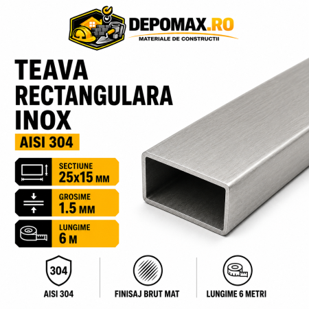Teava rectangulara inox AISI 304, 25 x 15 x 1.5 mm, 6 metri